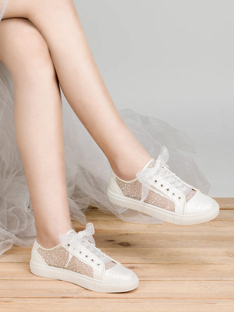 レディース ブライダル スニーカー シューズ メタルディテール レース ラウンドトゥ フラット ウェディングシューズ