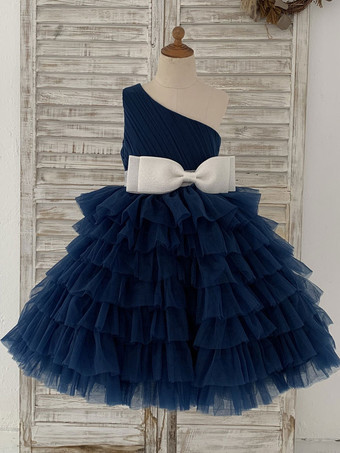 Платье для девочки-цветочницы Тюль Банты Одно плечо Без рукавов Темно-синий