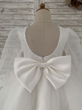 フラワーガールドレスチュールボウジュエルネック長袖エクリュホワイト