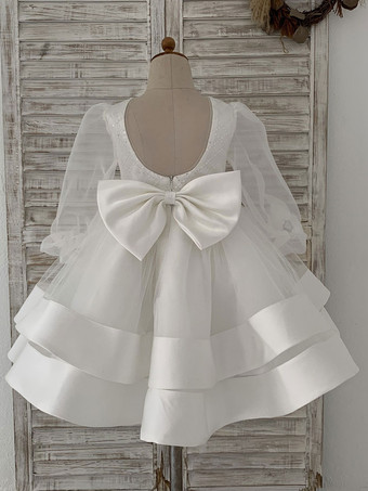 フラワーガールドレスチュールボウジュエルネック長袖エクリュホワイト