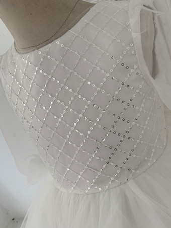 フラワーガールドレスチュールボウジュエルネック長袖エクリュホワイト