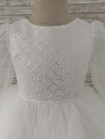 フラワーガールドレスチュールボウジュエルネック長袖エクリュホワイト