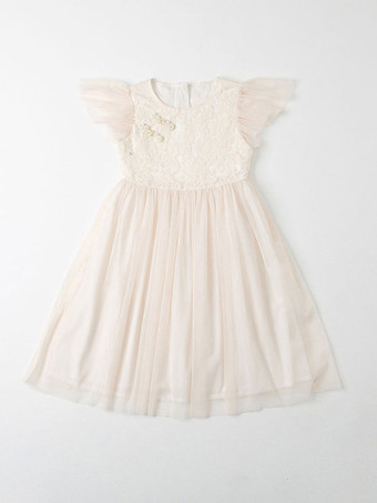 フラワーガールドレスジュエルネック半袖フォーマルキッズページェントドレス