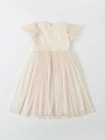 フラワーガールドレスジュエルネック半袖フォーマルキッズページェントドレス