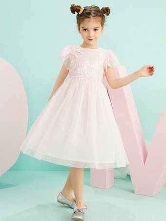 フラワーガールドレスジュエルネック半袖フォーマルキッズページェントドレス