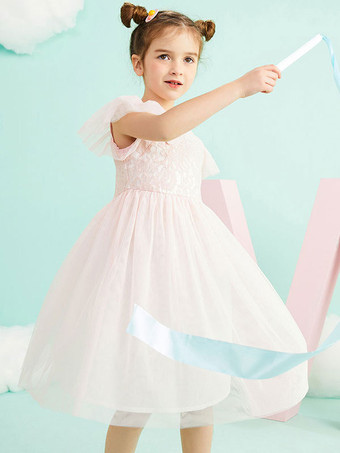 フラワーガールドレスジュエルネック半袖フォーマルキッズページェントドレス