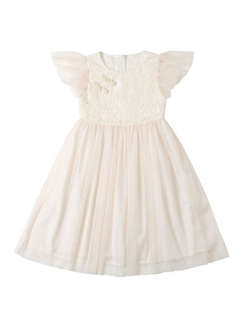 ホワイトフラワーガールドレスジュエルネック半袖フォーマルキッズページェントドレス