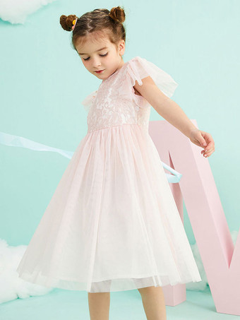 フラワーガールドレスジュエルネック半袖フォーマルキッズページェントドレス