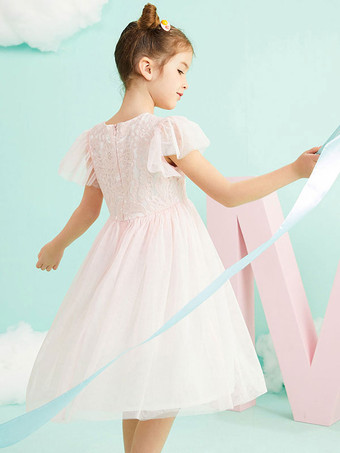 フラワーガールドレスジュエルネック半袖フォーマルキッズページェントドレス