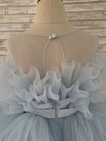 フラワーガールドレスチュールボウジュエルネックノースリーブブルー