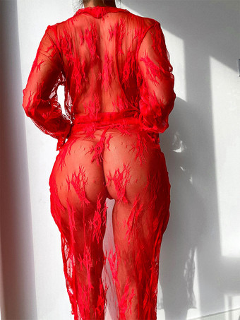 レッド 女性用セクシーローブ パジャマ ブラック シースルー ホットランジェリー