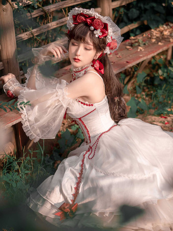 ロリータドレスティーパーティースタイルロリータスカートチェーンノースリーブポリエステルロリータウェディングドレスボウホワイト