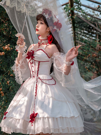 ロリータドレスティーパーティースタイルロリータスカートチェーンノースリーブポリエステルロリータウェディングドレスボウホワイト