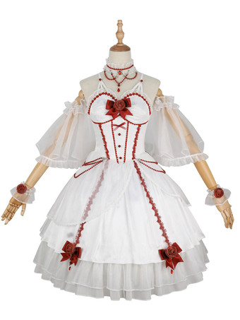 ロリータドレスティーパーティースタイルロリータスカートチェーンノースリーブポリエステルロリータウェディングドレスボウホワイト