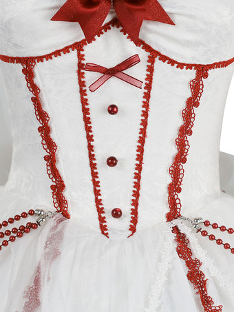 ロリータドレスティーパーティースタイルロリータスカートチェーンノースリーブポリエステルロリータウェディングドレスボウホワイト