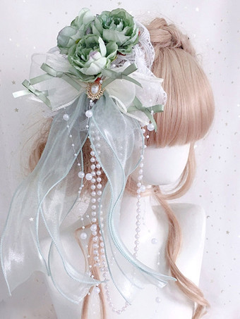 グリーン チャイニーズスタイルロリータアクセサリーグリーンパールボウフラワーポリエステルファイバーアクセサリーその他