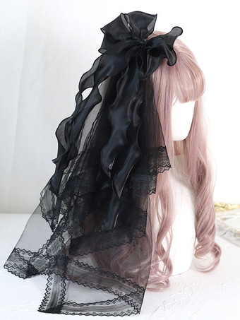 ブラック ROCOCOスタイルロリータヘッドウェア アクセサリーライトスカイブルーボウレースポリエステルファイバーヘッドウェア