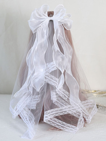 ホワイト ROCOCOスタイルロリータヘッドウェア アクセサリーライトスカイブルーボウレースポリエステルファイバーヘッドウェア