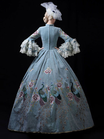 ティールレトロコスチュームレースマリーアントワネットコスチュームポリエステルフローラルプリントドレスレディースユーロスタイルチュニック仮装ボールガウン