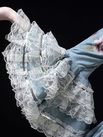 ティールレトロコスチュームレースマリーアントワネットコスチュームポリエステルフローラルプリントドレスレディースユーロスタイルチュニック仮装ボールガウン