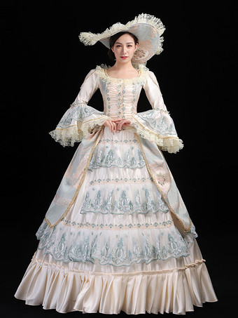 ライトグリーンレトロコスチュームレースマリーアントワネットコスチュームポリエステルフローラルプリントハットレディースユーロスタイルチュニック古着