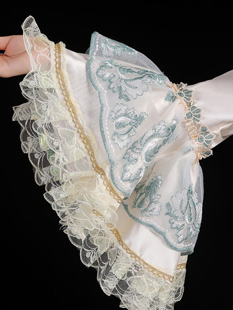 ライトグリーンレトロコスチュームレースマリーアントワネットコスチュームポリエステルフローラルプリントハットレディースユーロスタイルチュニック古着