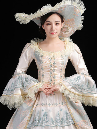 ライトグリーンレトロコスチュームレースマリーアントワネットコスチュームポリエステルフローラルプリントハットレディースユーロスタイルチュニック古着