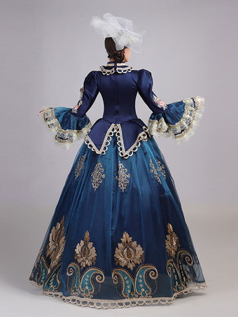 ブルーレトロコスチュームレディースレースフラワーポリエステルマリーアントワネットコスチュームチュニックヘッドウェアドレスユーロスタイルパーティーウエディングドレス