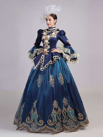 ブルーレトロコスチュームレディースレースフラワーポリエステルマリーアントワネットコスチュームチュニックヘッドウェアドレスユーロスタイルパーティーウエディングドレス