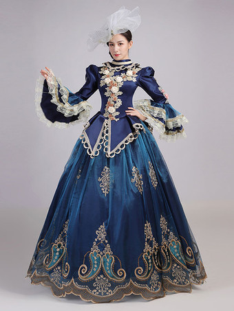 ブルーレトロコスチュームレディースレースフラワーポリエステルマリーアントワネットコスチュームチュニックヘッドウェアドレスユーロスタイルパーティーウエディングドレス