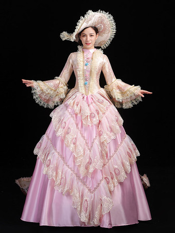 ピンクのレトロなコスチューム女性のフリルレースポリエステルチュニックハットドレスユーロスタイルマリーアントワネットコスチュームパーティーウエディングドレス