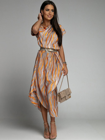 マキシドレスバトーネック半袖ポリエステルストライプ床丈ワンピース