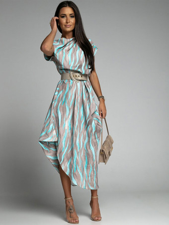 Maxi Dress Bateau Neck Short Sleeves Stripes Floor Length Dress