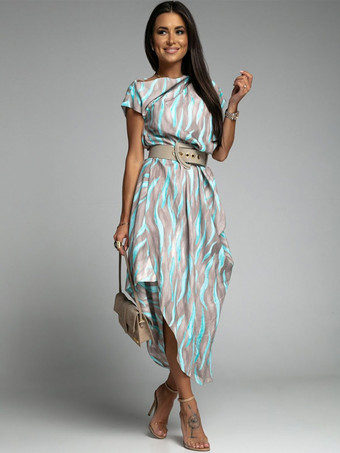 マキシドレスバトーネック半袖ポリエステルストライプ床丈ワンピース