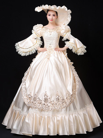 エクリュホワイトレトロコスチュームレディースマリーアントワネットコスチュームレースフリルポリエステルチュニックドレスハットヴィンテージ18世紀コスチューム