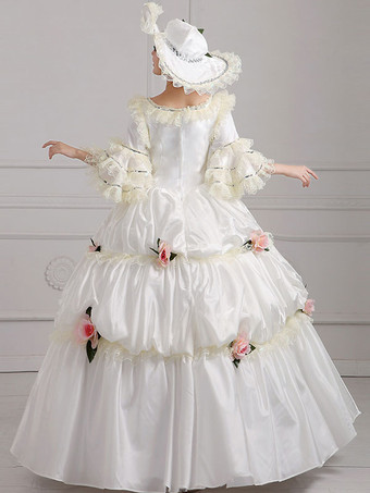エクリュホワイトレトロコスチュームフラワーポリエステルドレスレディースヴィンテージチュニックマリーアントワネットコスチューム古着