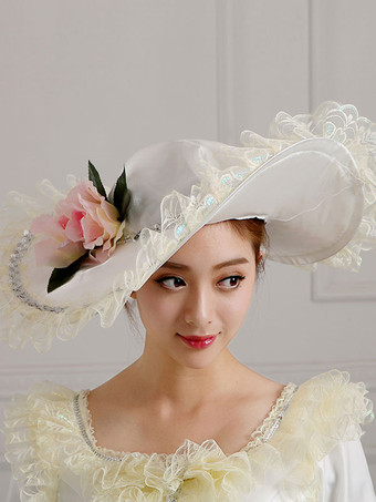 エクリュホワイトレトロコスチュームフラワーポリエステルドレスレディースヴィンテージチュニックマリーアントワネットコスチューム古着