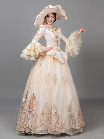 エクリュホワイトレトロコスチュームレディースフローラルプリントフラワーフリルポリエステルマリーアントワネットコスチュームチュニックハットドレスヴィンテージ古着