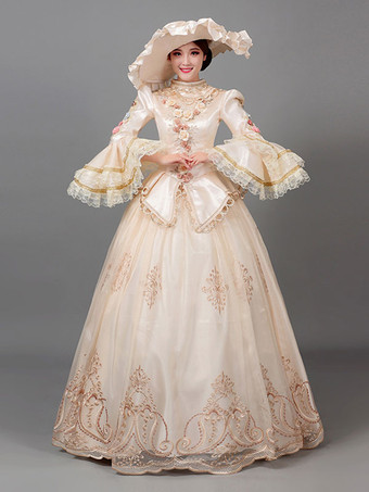 エクリュホワイトレトロコスチュームレディースフローラルプリントフラワーフリルポリエステルマリーアントワネットコスチュームチュニックハットドレスヴィンテージ古着