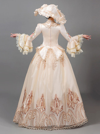 エクリュホワイトレトロコスチュームレディースフローラルプリントフラワーフリルポリエステルマリーアントワネットコスチュームチュニックハットドレスヴィンテージ古着