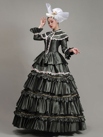 ダークグリーンレトロコスチュームレディースレースフラワーポリエステルチュニックドレスヘッドウェアマリーアントワネットコスチュームヴィンテージパーティーウエディングドレス