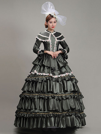 ダークグリーンレトロコスチュームレディースレースフラワーポリエステルチュニックドレスヘッドウェアマリーアントワネットコスチュームヴィンテージパーティーウエディングドレス