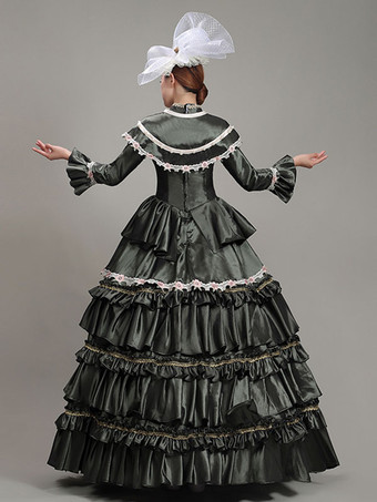 ダークグリーンレトロコスチュームレディースレースフラワーポリエステルチュニックドレスヘッドウェアマリーアントワネットコスチュームヴィンテージパーティーウエディングドレス