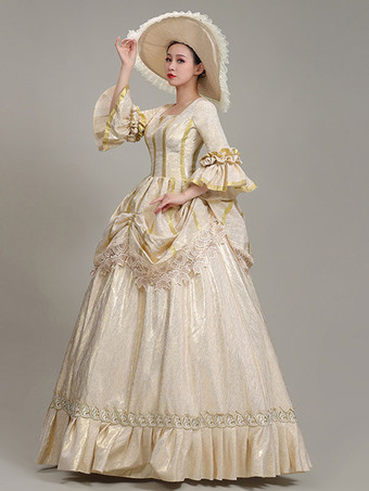 シャンパンレトロコスチュームレディースレースフリルポリエステルチュニックハットドレスユーロスタイルマリーアントワネットコスチュームヴィンテージ服