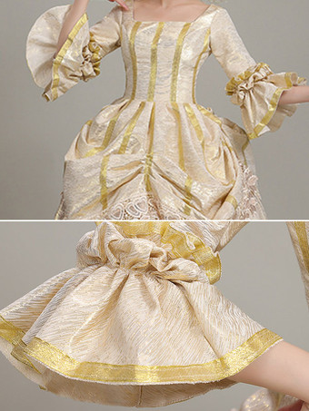 シャンパンレトロコスチュームレディースレースフリルポリエステルチュニックハットドレスユーロスタイルマリーアントワネットコスチュームヴィンテージ服
