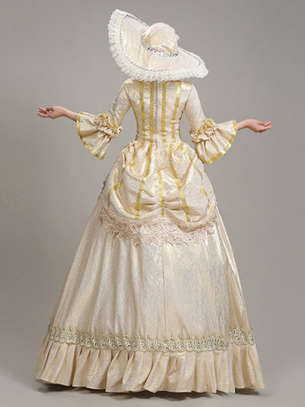 シャンパンレトロコスチュームレディースレースフリルポリエステルチュニックハットドレスユーロスタイルマリーアントワネットコスチュームヴィンテージ服