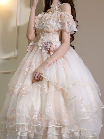 甘いロリータドレスポリエステルノースリーブロリータウェディングドレス調節可能な弾性