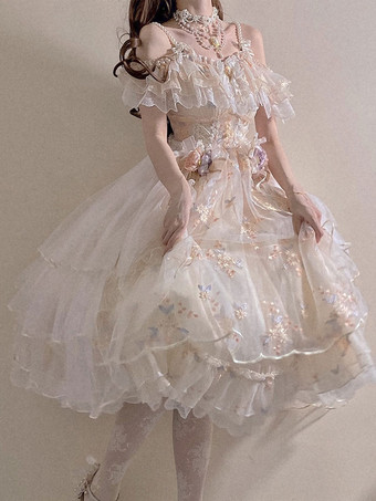 甘いロリータドレスポリエステルノースリーブロリータウェディングドレス調節可能な弾性