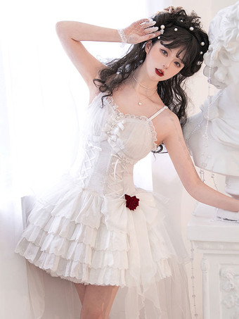 ホワイト   ゴシックロリータドレスパールボウブラックホワイトアジャスタブルエラスティック