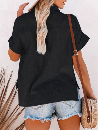 女性用シャツブラックポリエステルターンダウンカラーカジュアルボタン半袖トップス